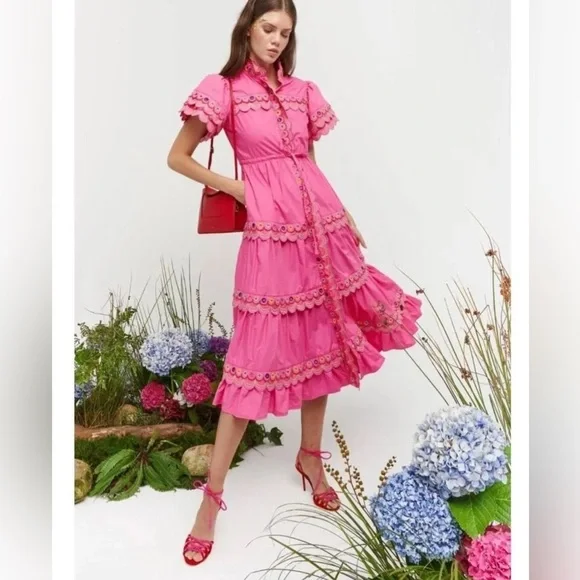 CeliaB Alvis Embroidered Scalloped Midi Dress Fuschia Pink - Tuckernuck - Picture 1 of 5